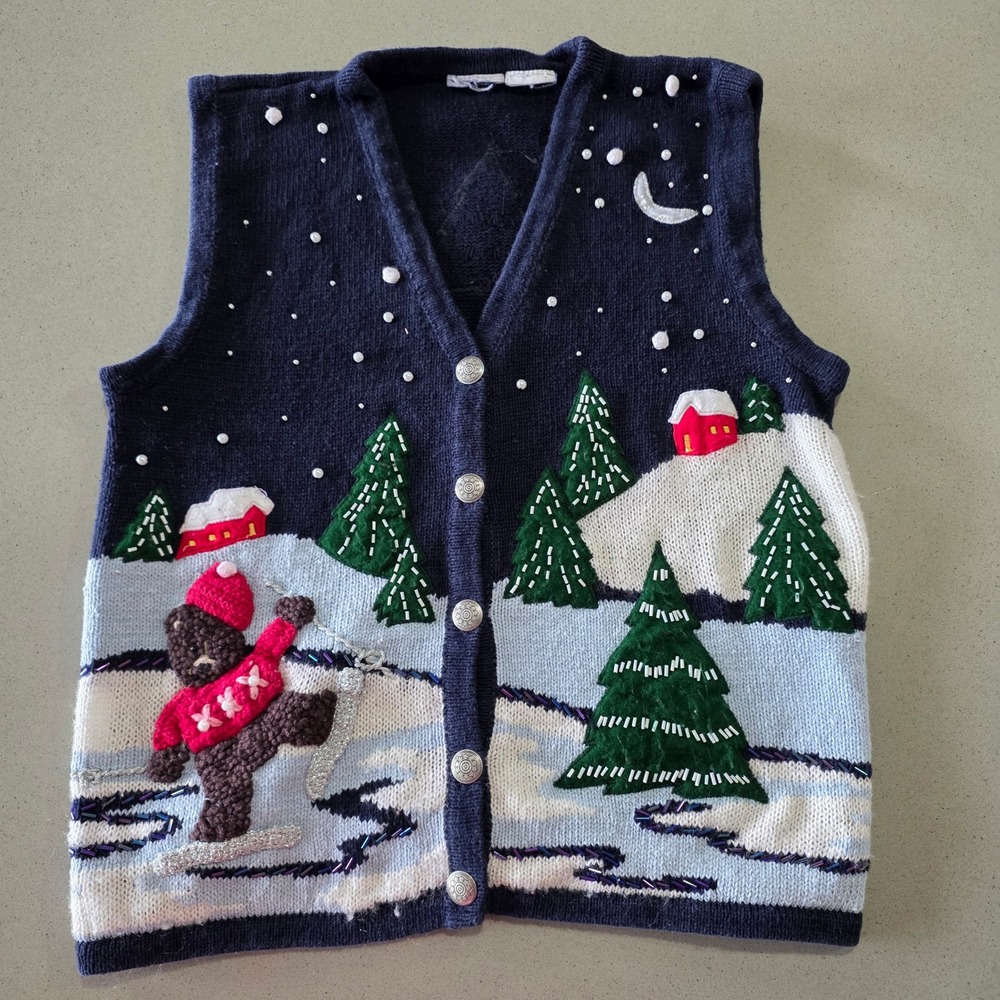 Vintage Winter‎ Skiing Teddy Bear Sweater Vest Navy Blue Beaded Holiday Small